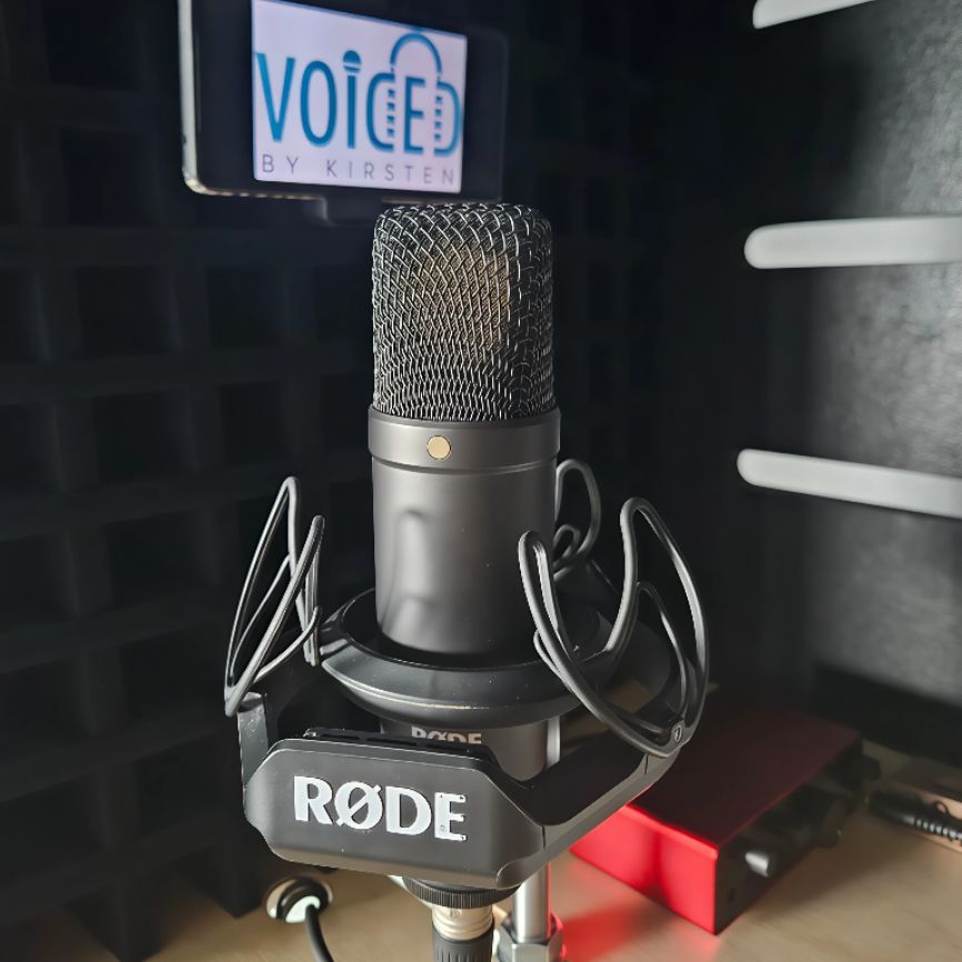 Rode microfoon gebruikt voor voice-over opnames door stemactrice