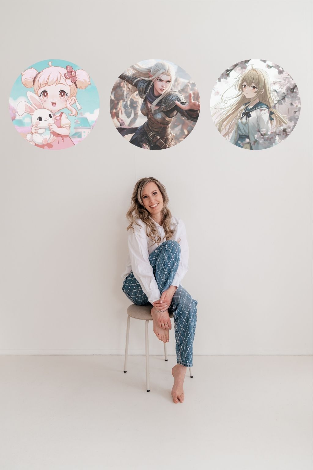 Voice actress Kirsten van Stenis sitting in chair with character voices in background 